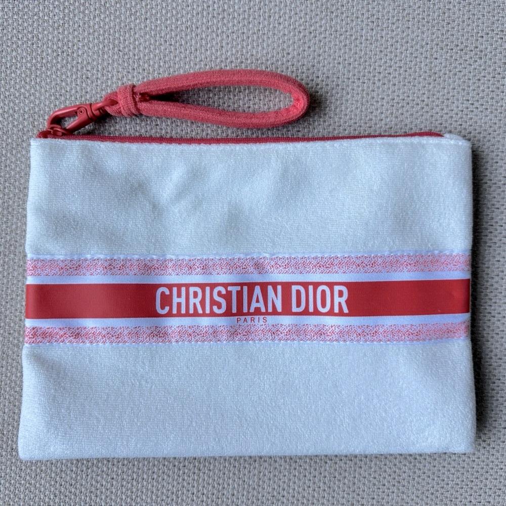 Christian Dior Terrycloth Zip Pouch – Coral & White